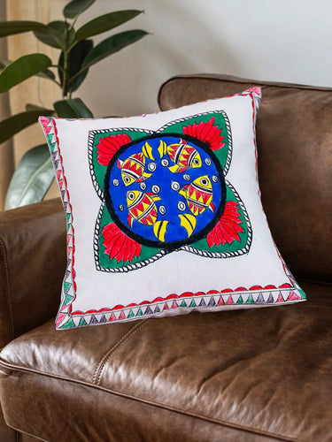 Fish And Lotus Center Madhubani Art Cushion Covers